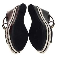 René Caovilla Black Leather Jewel Embellished Wedge Platform Sandals Size 37