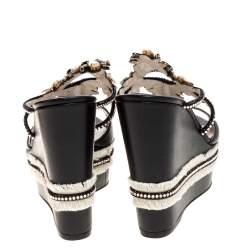René Caovilla Black Leather Jewel Embellished Wedge Platform Sandals Size 37