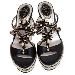 René Caovilla Black Leather Jewel Embellished Wedge Platform Sandals Size 37