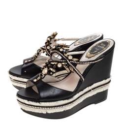 René Caovilla Black Leather Jewel Embellished Wedge Platform Sandals Size 37