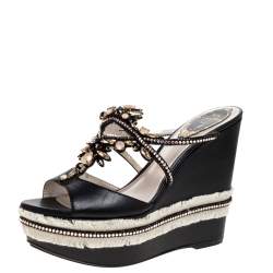 René Caovilla Black Leather Jewel Embellished Wedge Platform Sandals Size 37