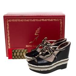René Caovilla Black Leather Jewel Embellished Wedge Platform Sandals Size 37