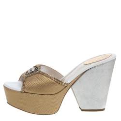 René Caovilla Two Tone Lizard Embossed Leather Embellished Platform Sandals Size 37
