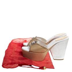 René Caovilla Two Tone Lizard Embossed Leather Embellished Platform Sandals Size 37