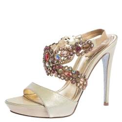 René Caovilla Beige Leather Crystal Embellished Platform Ankle Strap Sandals Size 37