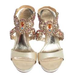 René Caovilla Beige Leather Crystal Embellished Platform Ankle Strap Sandals Size 37