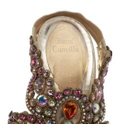 René Caovilla Beige Leather Crystal Embellished Platform Ankle Strap Sandals Size 37