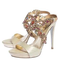 René Caovilla Beige Leather Crystal Embellished Platform Ankle Strap Sandals Size 37