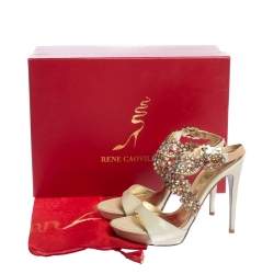 René Caovilla Beige Leather Crystal Embellished Platform Ankle Strap Sandals Size 37