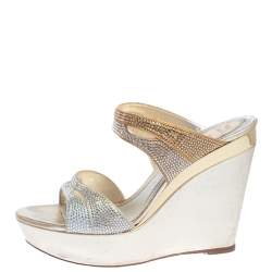 René Caovilla Metallic Gold/Silver Crystal Embellished Satin Wedge Slides Size 38