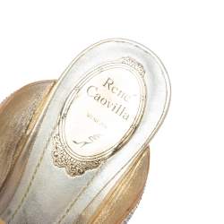 René Caovilla Metallic Gold/Silver Crystal Embellished Satin Wedge Slides Size 38