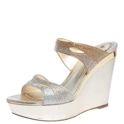René Caovilla Metallic Gold/Silver Crystal Embellished Satin Wedge Slides Size 38