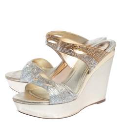 René Caovilla Metallic Gold/Silver Crystal Embellished Satin Wedge Slides Size 38