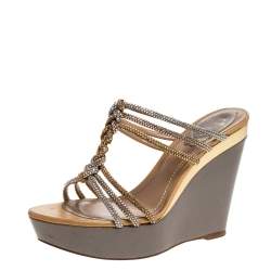 René Caovilla Metallic Gold/Silver Braided Crystal Embellished Satin Wedge Slides Size 37