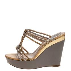 René Caovilla Metallic Gold/Silver Braided Crystal Embellished Satin Wedge Slides Size 37