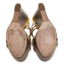 René Caovilla Metallic Gold/Silver Braided Crystal Embellished Satin Wedge Slides Size 37