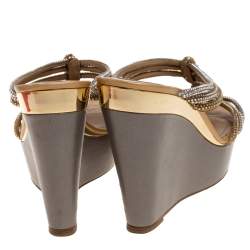René Caovilla Metallic Gold/Silver Braided Crystal Embellished Satin Wedge Slides Size 37