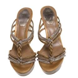 René Caovilla Metallic Gold/Silver Braided Crystal Embellished Satin Wedge Slides Size 37
