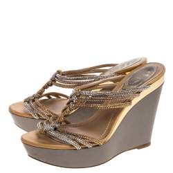 René Caovilla Metallic Gold/Silver Braided Crystal Embellished Satin Wedge Slides Size 37