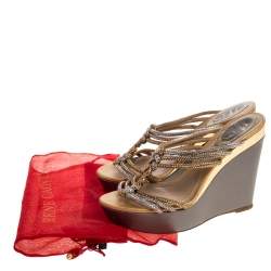 René Caovilla Metallic Gold/Silver Braided Crystal Embellished Satin Wedge Slides Size 37