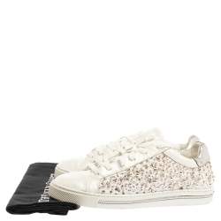 Pre Owned Rene Caovilla White Leather And Floral Lace Embellished Lace Up Sneakers Size 38