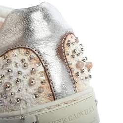 Pre Owned Rene Caovilla White Leather And Floral Lace Embellished Lace Up Sneakers Size 38