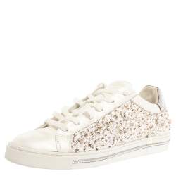 Pre Owned Rene Caovilla White Leather And Floral Lace Embellished Lace Up Sneakers Size 38