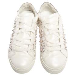Pre Owned Rene Caovilla White Leather And Floral Lace Embellished Lace Up Sneakers Size 38
