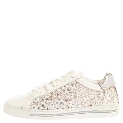 Pre Owned Rene Caovilla White Leather And Floral Lace Embellished Lace Up Sneakers Size 38