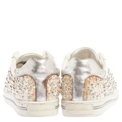 Pre Owned Rene Caovilla White Leather And Floral Lace Embellished Lace Up Sneakers Size 38