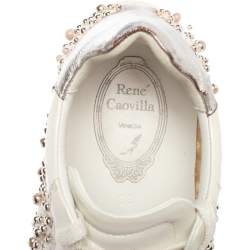 Pre Owned Rene Caovilla White Leather And Floral Lace Embellished Lace Up Sneakers Size 38