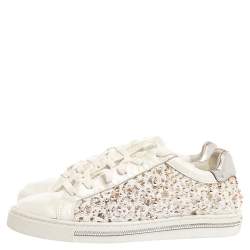 Pre Owned Rene Caovilla White Leather And Floral Lace Embellished Lace Up Sneakers Size 38
