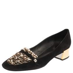 René Caovilla Black Suede Leather Crystal Embellished Block Heel Pumps Size 40