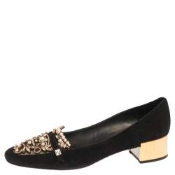 René Caovilla Black Suede Leather Crystal Embellished Block Heel Pumps Size 40