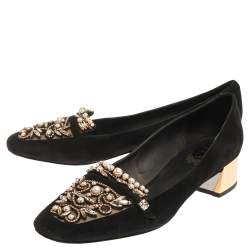 René Caovilla Black Suede Leather Crystal Embellished Block Heel Pumps Size 40