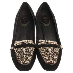 René Caovilla Black Suede Leather Crystal Embellished Block Heel Pumps Size 40