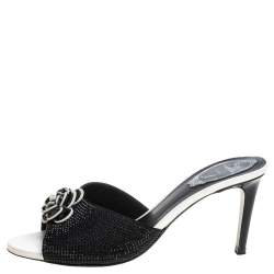 Pre Owned Rene Caovilla Black Satin Crystal Flower Embellished Slide Sandals Size 37