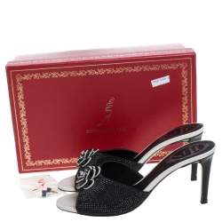 Pre Owned Rene Caovilla Black Satin Crystal Flower Embellished Slide Sandals Size 37
