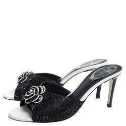 Pre Owned Rene Caovilla Black Satin Crystal Flower Embellished Slide Sandals Size 37