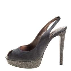 Pre Owned Rene Caovilla Grey Satin Peep Toe Slingback Platform Sandals Size 40.5