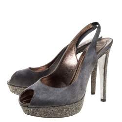 Pre Owned Rene Caovilla Grey Satin Peep Toe Slingback Platform Sandals Size 40.5