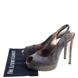 Pre Owned Rene Caovilla Grey Satin Peep Toe Slingback Platform Sandals Size 40.5