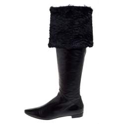 Pre Owned Rene Caovilla Black Leather And Faux Fur Knee High Boots Size 39