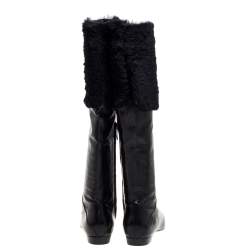 Pre Owned Rene Caovilla Black Leather And Faux Fur Knee High Boots Size 39