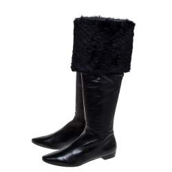 Pre Owned Rene Caovilla Black Leather And Faux Fur Knee High Boots Size 39