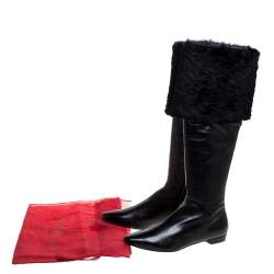 Pre Owned Rene Caovilla Black Leather And Faux Fur Knee High Boots Size 39