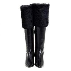 Pre Owned Rene Caovilla Black Leather And Faux Fur Knee High Boots Size 39