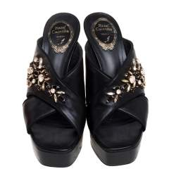 René Caovilla Black Leather Crystal Embellished Cross Strap Peep Toe Platform Mules Size 38