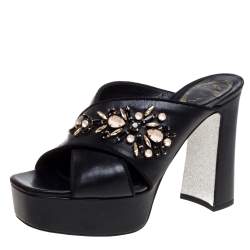 René Caovilla Black Leather Crystal Embellished Cross Strap Peep Toe Platform Mules Size 38