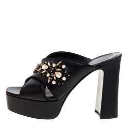 René Caovilla Black Leather Crystal Embellished Cross Strap Peep Toe Platform Mules Size 38